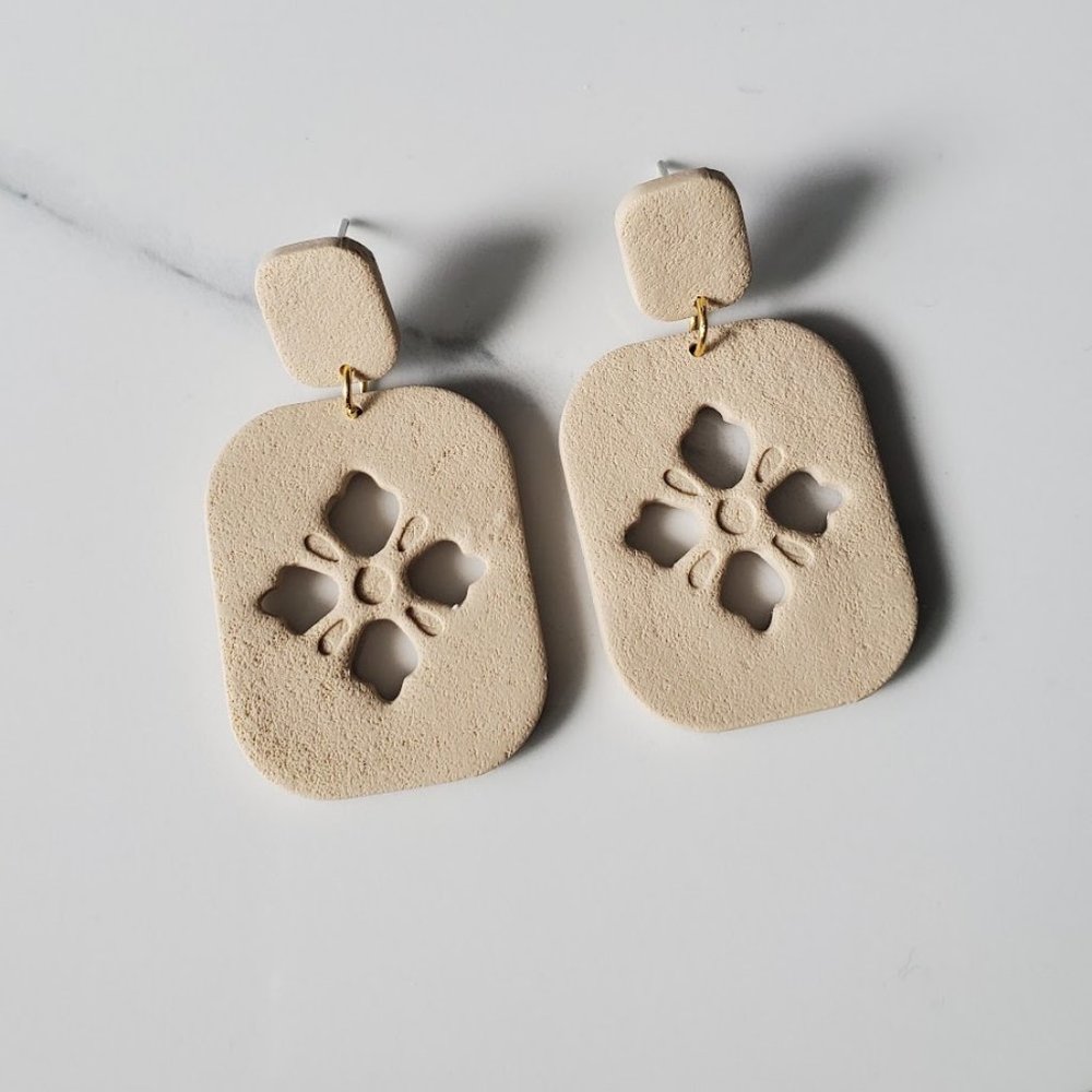 Light Tan Statement Polymer clay earrings textured handmade 1.75"